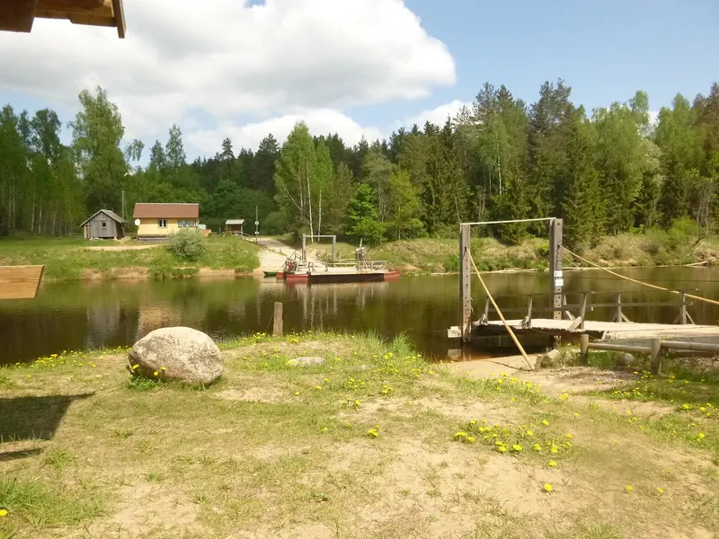 The Līgatne ferry and its landing stages on opposite banks of the Gauja